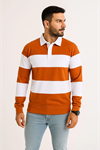 Erkek Polo Yaka Uzun Kollu Çizgili Sweatshirt Trend Rugby Stil - Turuncu