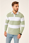 Erkek Polo Yaka Uzun Kollu Çizgili Sweatshirt Trend Rugby Stil - Mint Yeşili