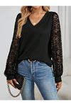 Kadın Uzun Kollu V Yakalı Dantelli Viskon Iki Iplik Bluz