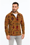 Erkek Yarım Fermuarlı Desenli Polar Sweat Tribal Etnik Desen Yakalı, Uzun Kollu, Oversize Rahat Kalıp, - Kahverengi