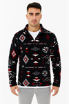 Erkek Yarım Fermuarlı Desenli Polar Sweat Tribal Etnik Desen Yakalı, Uzun Kollu, Oversize Rahat Kalıp, - Siyah
