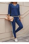 Kadın Uzun Kollu V Yakalı Ribanalı Viskon Iki Iplik Bluz Ve Pantolon Ikili Takım
