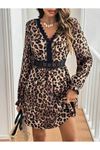 Kadın Uzun Kollu V Dantel Yakalı Leopar Desenli Modal Mini Elbise