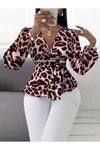 Kadın Uzun Kollu Kruvaze Yakalı Belden Kuşaklı Leopar Desenli Süprem Bluz