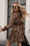 Kadın Uzun Kollu Kruvaze Yakalı Fırfırlı Belden Kuşaklı Leopar Desen Modal Elbise