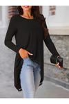 Kadın Uzun Kollu Bisiklet Yaka Asimetrik Kesim Detaylı Dantelli Viskon Bluz