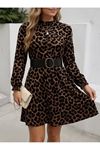 Kadın Uzun Kollu Yarı Balıkçı Yaka Leopar Desenli Kadife Elbise
