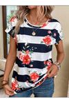 Kadın Çiçek Desenli Yatay Şeritli Bisiklet Yaka Tişört
