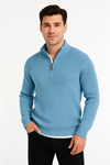 Erkek Yarım Fermuarlı Triko Kazak – Selanik Örgü, Dik Yaka, Pamuklu Dokuma, Regular Fit Uzun Kollu Kışlık Model - Bebe Mavisi