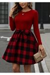 Kadın Uzun Kollu Bisiklet Yaka üst Viskon Alt Ekose Kısa Elbise