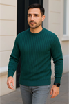 Erkek Bisiklet Yuvarlak Yaka Triko Kazak Pamuklu Kalın Fitilli Dokuma, Regular Fit Uzun Kollu Kışlık Model - Haki