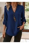 Kadın Uzun Kollu V Yakalı Ithal Krep Lacivert Bluz