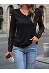 Kadın Uzun Kollu V Yakalı Dantelli Waffle Bluz