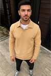 Erkek Fitilli Polar Sweatshirt – Düğmesiz Polo Yaka, Oversize Rahat Kalıp, Kalın Polar Kumaş, Kışlık Ve Baharlık Şık Günlük Üst - Bej