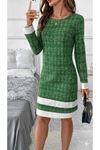 Kadın Uzun Kollu Yuvarlak Yaka Etek Ucu şerit Detaylı Mini Dokuma Elbise