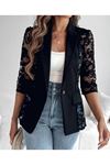 Kadın Uzun Kollu Truvakar Kol önden Düğmeli Cepli Dantelli Atlas Ceket