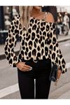 Kadın Uzun Kollu Tek Omuzu Açık Tokalı Leopar Desenli Modal Bluz