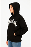 Oversize Kapüşonlu Sweatshirt  Hoodie 3 İplik Şardonlu Pamuklu Kumaş, Önü Baskılı, Fermuarlı Rahat Kalıp, Kışlık Ve Sokak Stili Sweat - Siyah