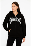 Oversize Kapüşonlu Sweatshirt  Hoodie 3 İplik Şardonlu Pamuklu Kumaş, Önü Baskılı, Fermuarlı Rahat Kalıp, Kışlık Ve Sokak Stili Sweat - Siyah