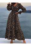 Kadın Uzun Kollu Kruvaze Yaka Leopar Desenli Uzun Süprem Elbise