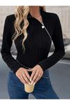 Kadın Uzun Kollu Balıkçı Yaka Fermuarlı Kaşkorse Bluz