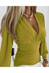 Kadın Uzun Kollu Derin V Yakalı önden Büzgülü Sandy Bluz