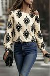 Kadın Askılı Uzun Kollu Omuzlardan Açık Desenli Mosskrep Bluz