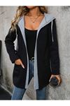 Kadın Uzun Kollu Kapşonlu çift Renkli şardonlu Iki Iplik Ceket
