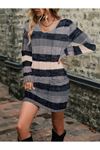Kadın Uzun Kollu V Yakalı çizgili çok Renkli Triko Mini Elbise