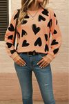 Kadın Uzun Kollu Bisiklet Yaka Kalp Desenli Iki Iplik Bluz