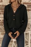 Kadın Uzun Kollu Kapşonlu önü Düğmeli Ve Bağcıklı Waffle Bluz