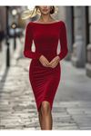 Kadın Uzun Kollu Kayık Yaka Mini Kadife Elbise