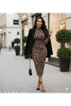 Kadın Uzun Kollu Balıkçı Yaka Leopar Desenli Midi Boy Elbise