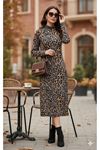 Kadın Uzun Kollu Balıkçı Yaka Leopar Desenli Midi Boy Elbise