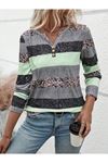 Kadın Uzun Kollu Yakadan Düğmeli çizgili Desenli Süprem Bluz