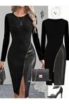 Kadın Bisiklet Yaka Uzun Kollu Deri Ve Fermuar Detay Mini Yırtmaçlı Elbise
