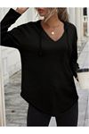 Kadın Uzun Kollu V Yakalı Kapşonlu Waffle Bluz