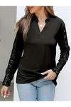 Kadın Uzun Kollu Hakim Yaka Kolları Dantel Detaylı Ithal Krep Bluz