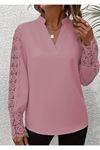 Kadın Uzun Kollu Hakim Yaka Kolları Dantel Detaylı Ithal Krep Bluz