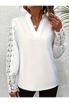 Kadın Uzun Kollu Hakim Yaka Kolları Dantel Detaylı Ithal Krep Bluz