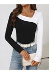 Kadın Uzun Kollu Geometrik Yaka Detaylı çift Renkli Viskon Bluz