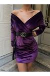 Kadın Uzun Kollu Kruvaze Yaka Omuz Dekolteli Kemer Dahil Mini Kadife Elbise