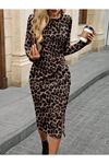 Kadın Uzun Kollu Bisiklet Yaka Leopar Desenli Modal Midi Elbise