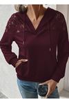 Kadın Uzun Kollu Kapşonlu Bağcıklı Dantelli Viskon Iki Iplik Bluz