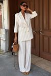 Blazer Ceketli Çizgili Keten Takım 10186