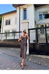 Kadın Dalgıç Kumaş Dijital Leopar Baskılı Midi Boy Elbise