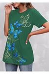 Kadın Kısa Kollu Mavi Sarı Kelebek Baskı Süprem T-shirt