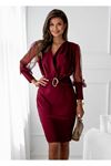 Kadın Uzun Kollu Kruvaze Yakalı Belden Kemerli Mini Ithal Krep Elbise