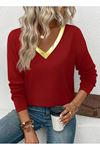 Kadın Uzun Kollu V Parlak Yaka Detaylı Viskon Bluz