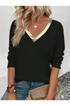 Kadın Uzun Kollu V Parlak Yaka Detaylı Viskon Bluz